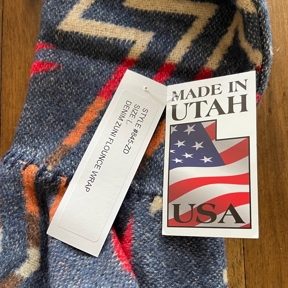 NEW Rhonda Stark denim Zuni flounce wrap wool blend Aztec pattern - Picture 9 of 10